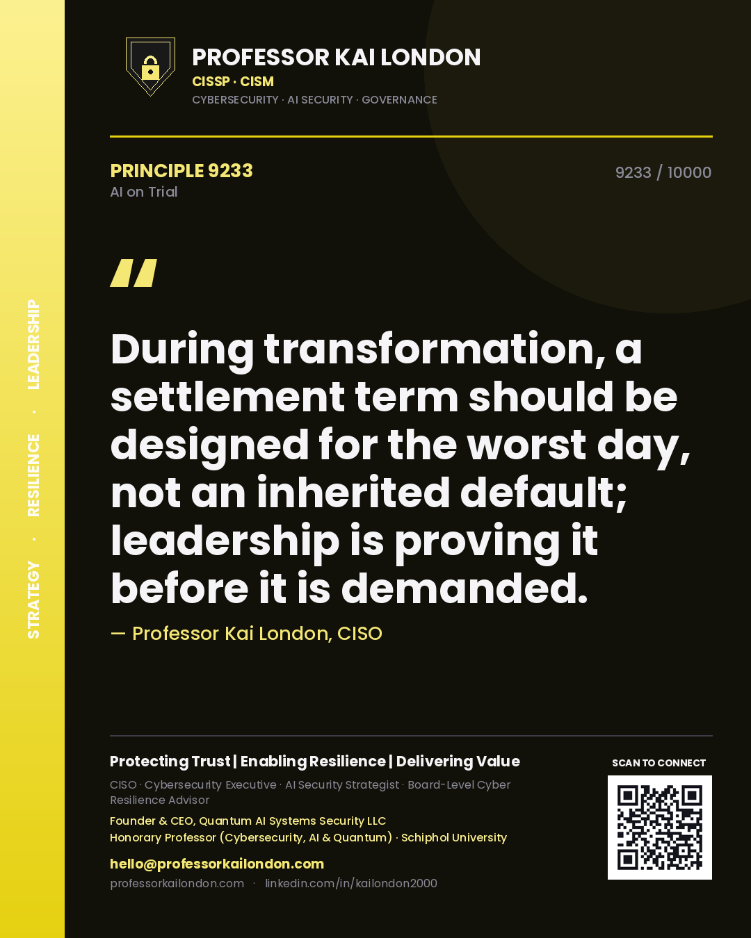 Quote card by Professor Kai London reading 'During transformation, a settlement term should be designed for the worst day, not an inherited default; leadership is proving it before it is demanded.'. From the book AI on Trial.