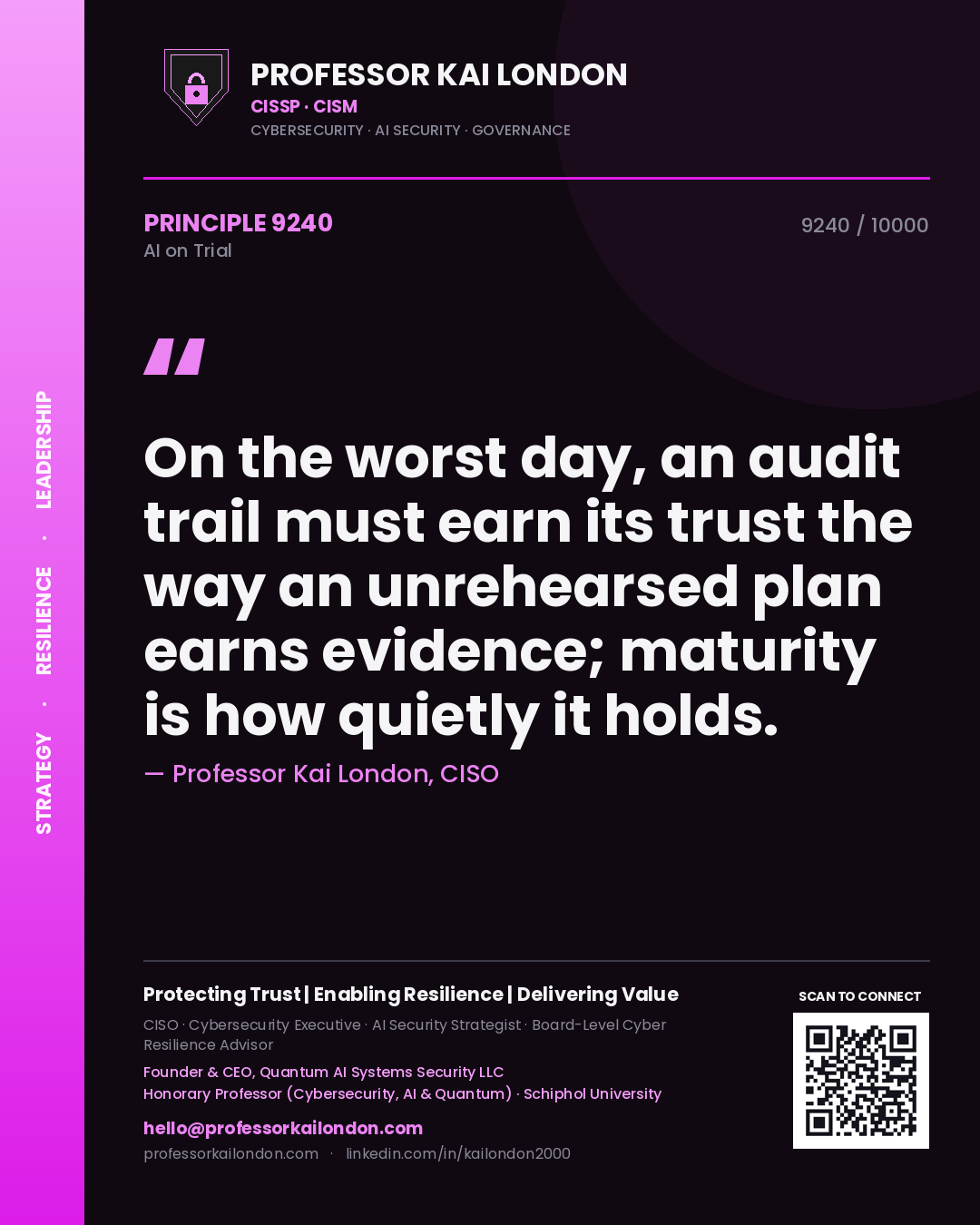 Quote card by Professor Kai London reading 'On the worst day, an audit trail must earn its trust the way an unrehearsed plan earns evidence; maturity is how quietly it holds.'. From the book AI on Trial.