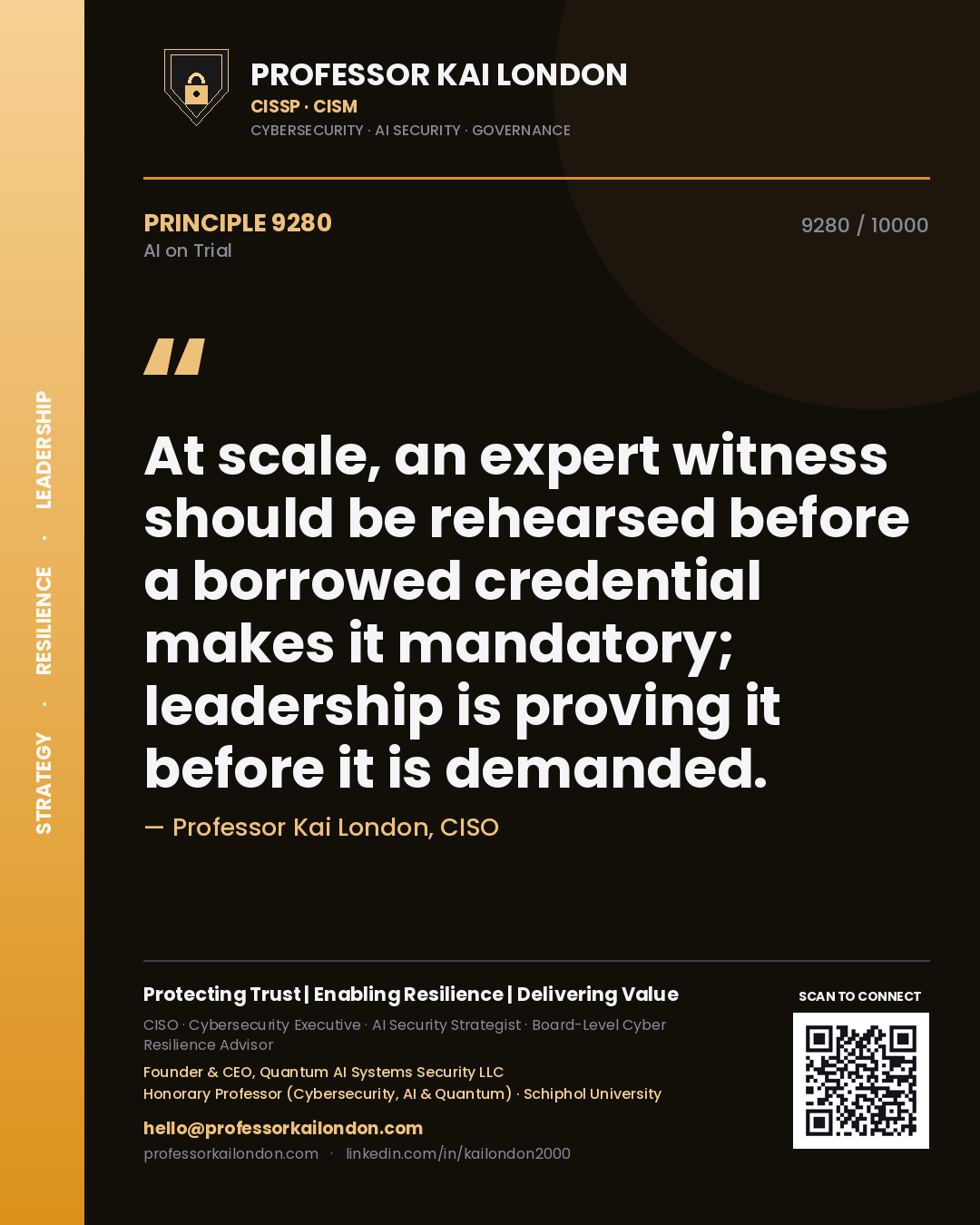 Professor Kai London principle 9280: At scale, an expert witness should be rehearsed before a borrowed credential makes it mandatory; leadership is proving it before it is demanded.