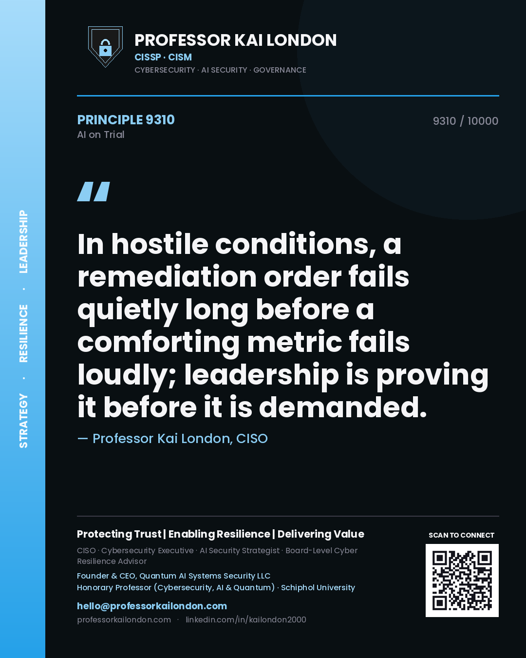 Professor Kai London principle 9310: In hostile conditions, a remediation order fails quietly long before a comforting metric fails loudly; leadership is proving it before it is demanded.