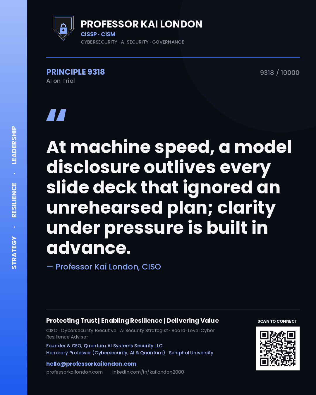 Quote card by Professor Kai London reading 'At machine speed, a model disclosure outlives every slide deck that ignored an unrehearsed plan; clarity under pressure is built in advance.'. From the book AI on Trial.