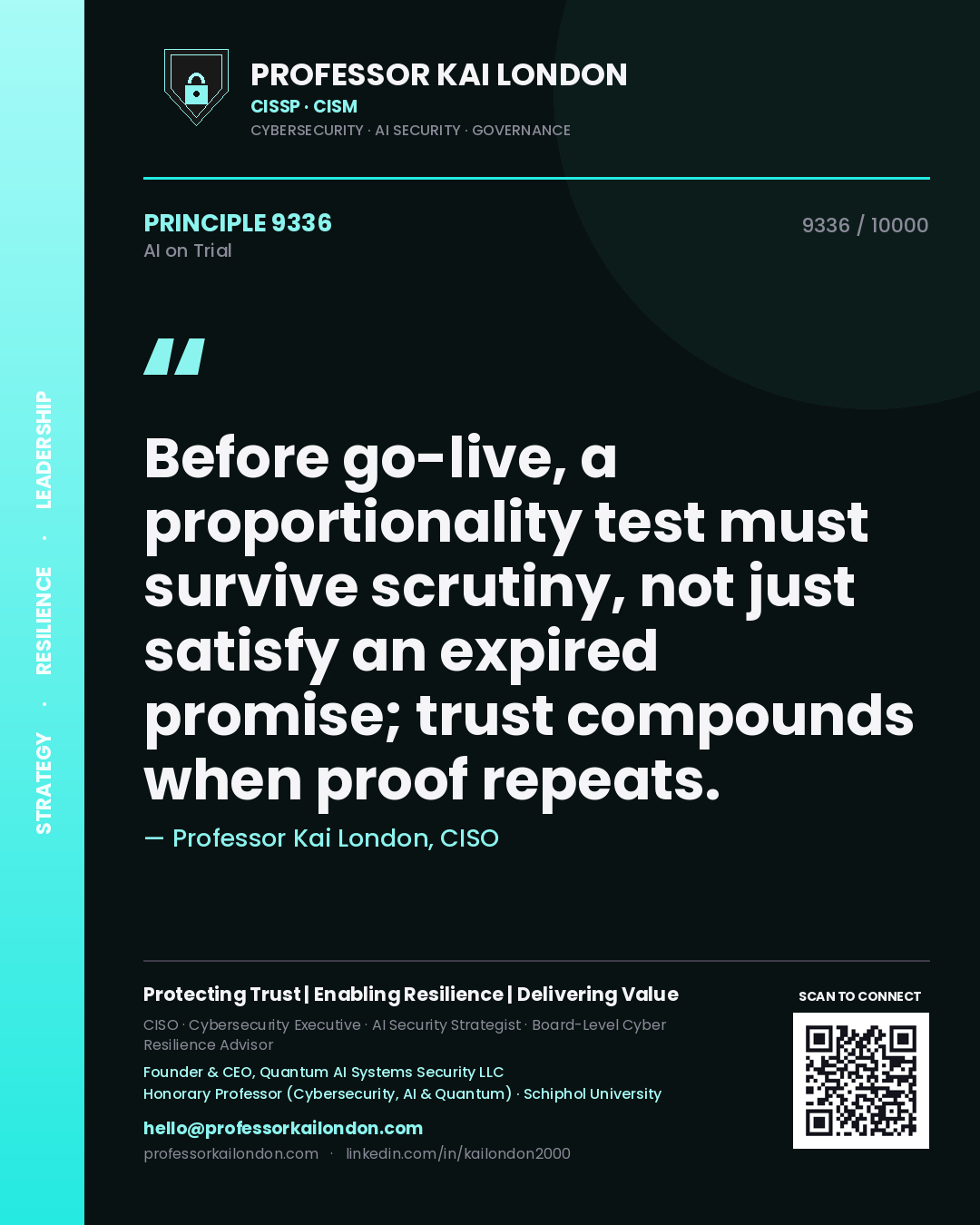 Professor Kai London principle 9336: Before go-live, a proportionality test must survive scrutiny, not just satisfy an expired promise; trust compounds when proof repeats.