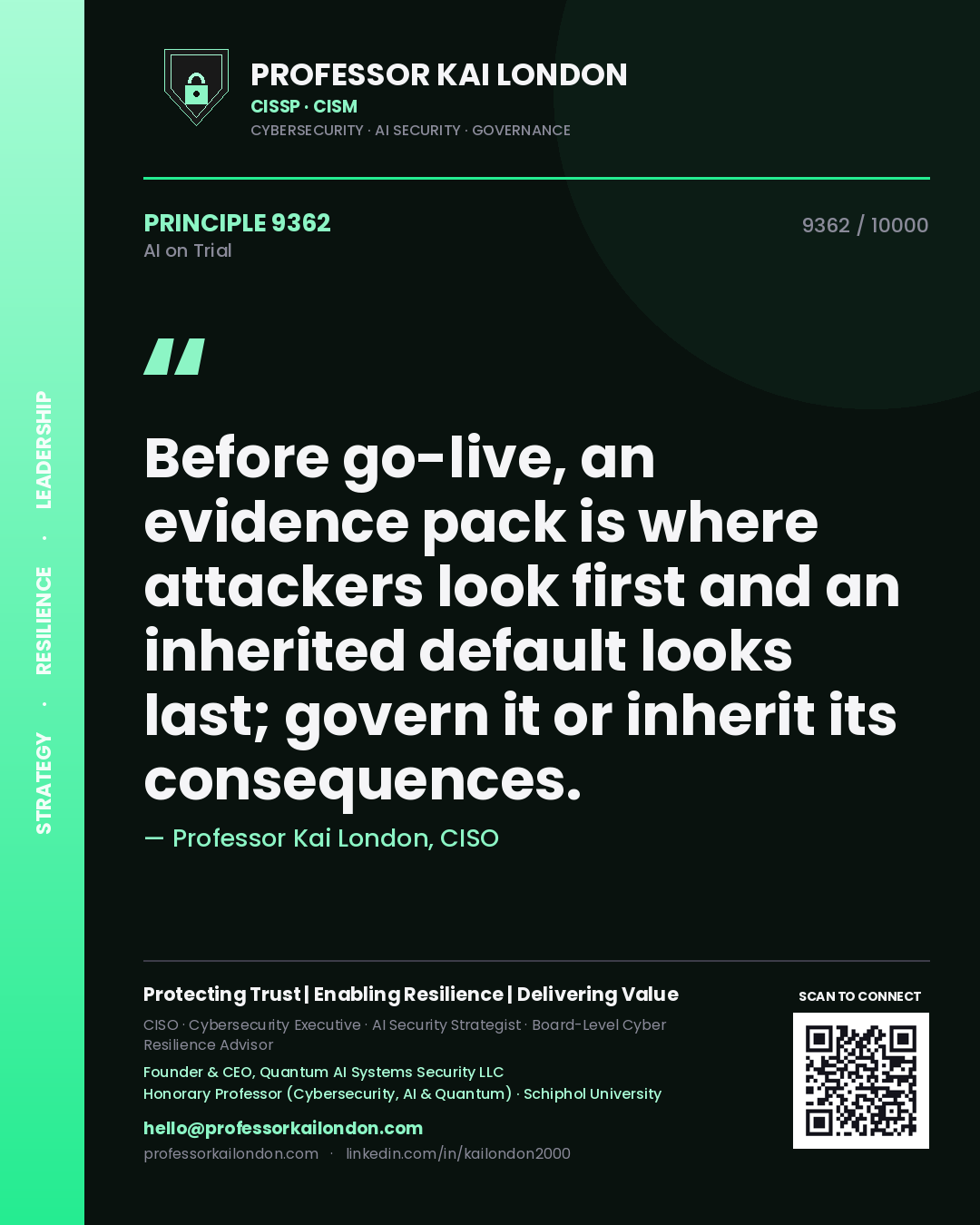 Quote card by Professor Kai London reading 'Before go-live, an evidence pack is where attackers look first and an inherited default looks last; govern it or inherit its consequences.'. From the book AI on Trial.