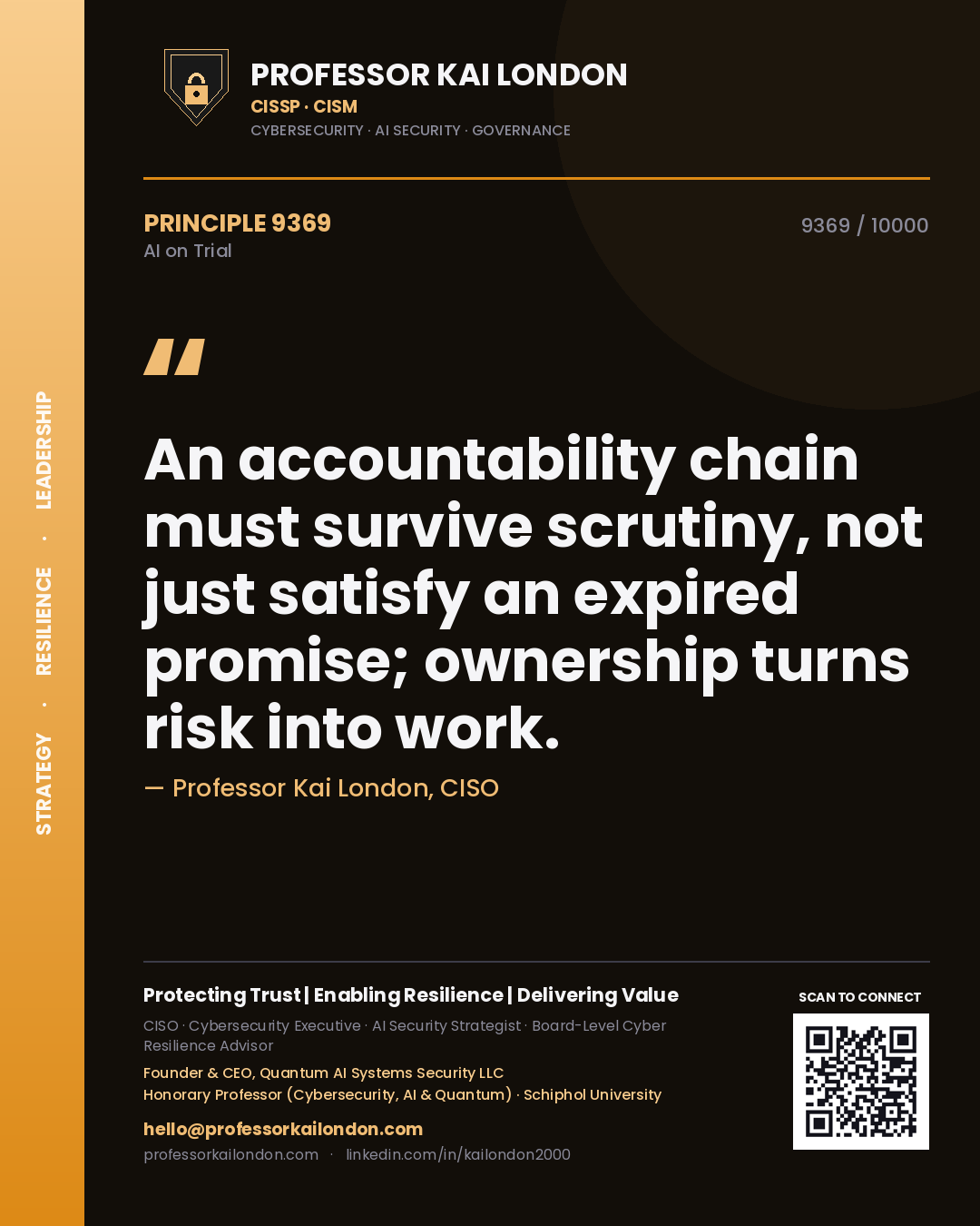 Professor Kai London principle 9369: An accountability chain must survive scrutiny, not just satisfy an expired promise; ownership turns risk into work.