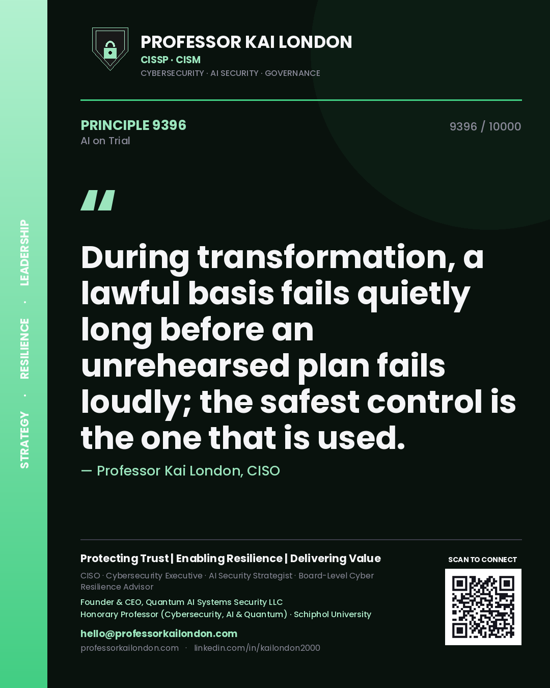 Quote card by Professor Kai London reading 'During transformation, a lawful basis fails quietly long before an unrehearsed plan fails loudly; the safest control is the one that is used.'. From the book AI on Trial.