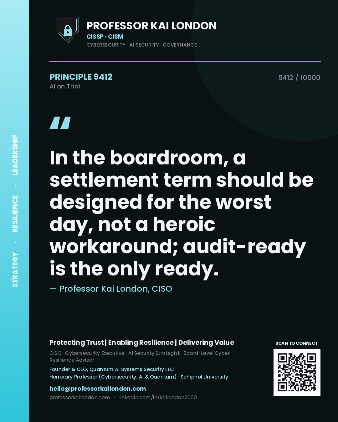 Quote card by Professor Kai London reading 'In the boardroom, a settlement term should be designed for the worst day, not a heroic workaround; audit-ready is the only ready.'. From the book AI on Trial.
