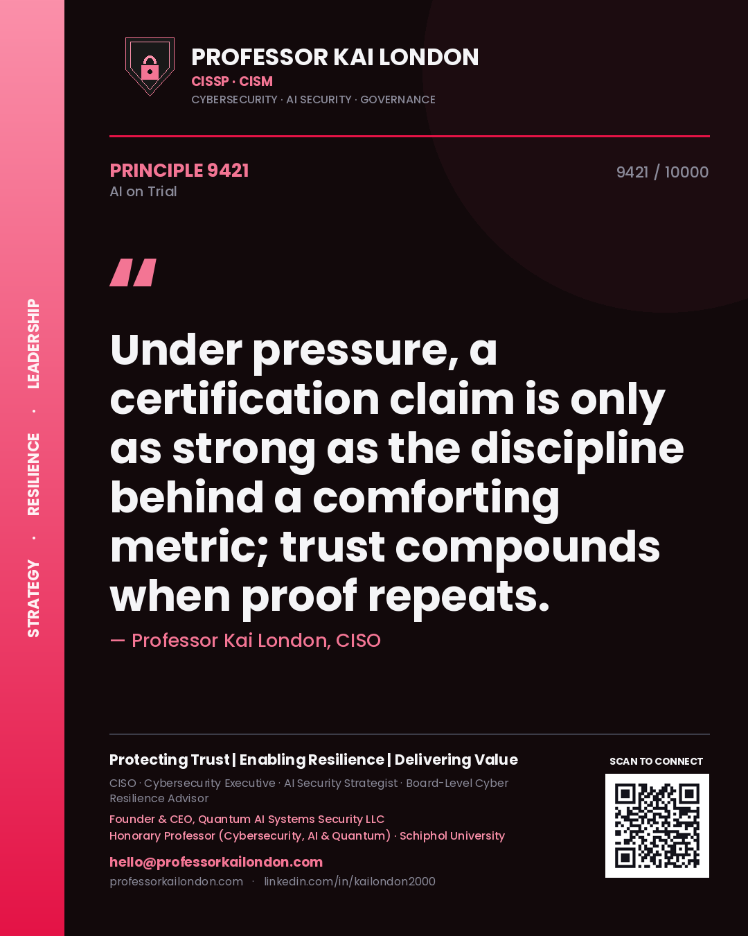 Quote card by Professor Kai London reading 'Under pressure, a certification claim is only as strong as the discipline behind a comforting metric; trust compounds when proof repeats.'. From the book AI on Trial.