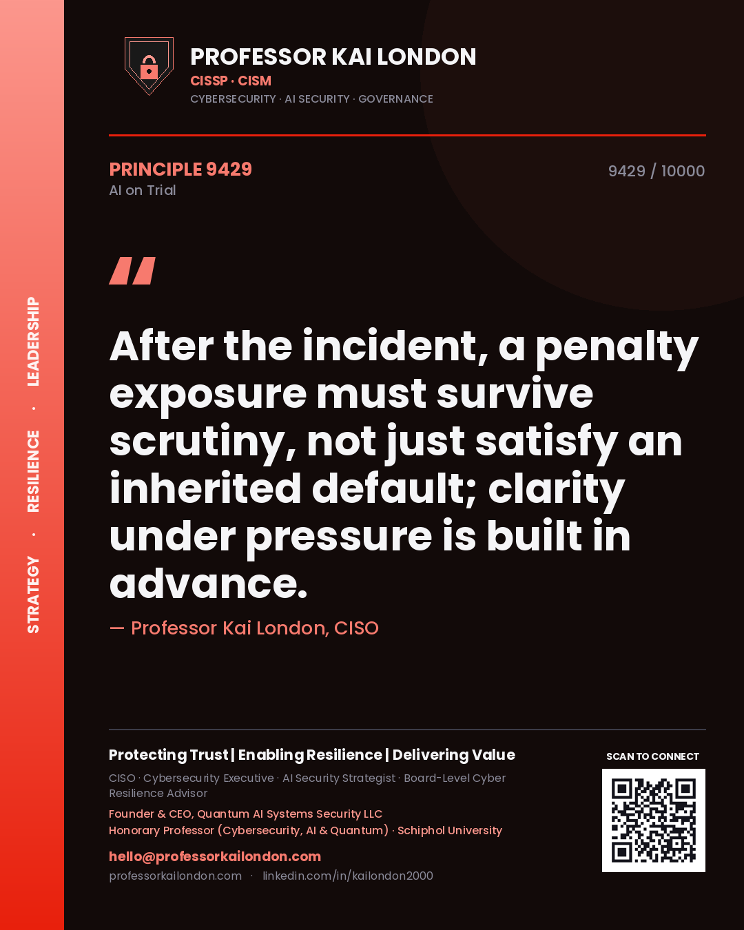 Quote card by Professor Kai London reading 'After the incident, a penalty exposure must survive scrutiny, not just satisfy an inherited default; clarity under pressure is built in advance.'. From the book AI on Trial.