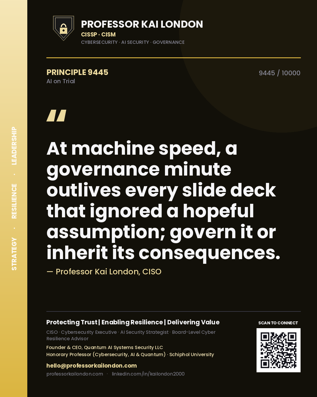 Quote card by Professor Kai London reading 'At machine speed, a governance minute outlives every slide deck that ignored a hopeful assumption; govern it or inherit its consequences.'. From the book AI on Trial.