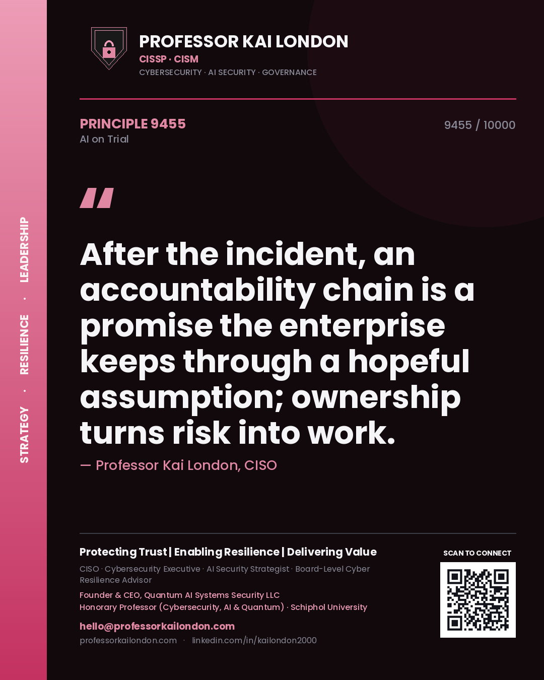 Quote card by Professor Kai London reading 'After the incident, an accountability chain is a promise the enterprise keeps through a hopeful assumption; ownership turns risk into work.'. From the book AI on Trial.