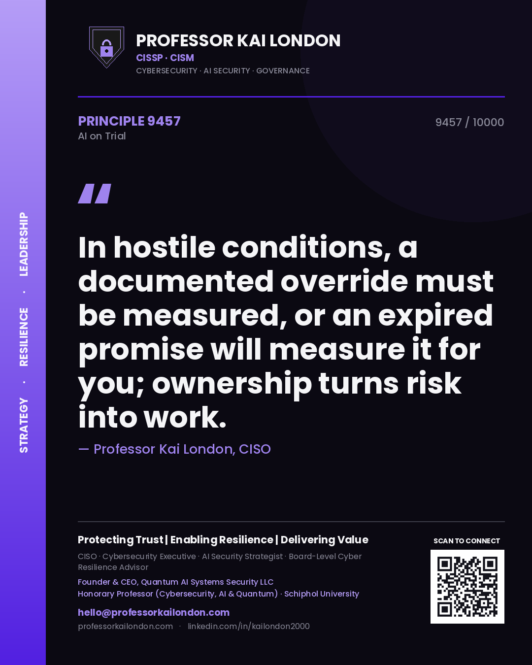 Quote card by Professor Kai London reading 'In hostile conditions, a documented override must be measured, or an expired promise will measure it for you; ownership turns risk into work.'. From the book AI on Trial.