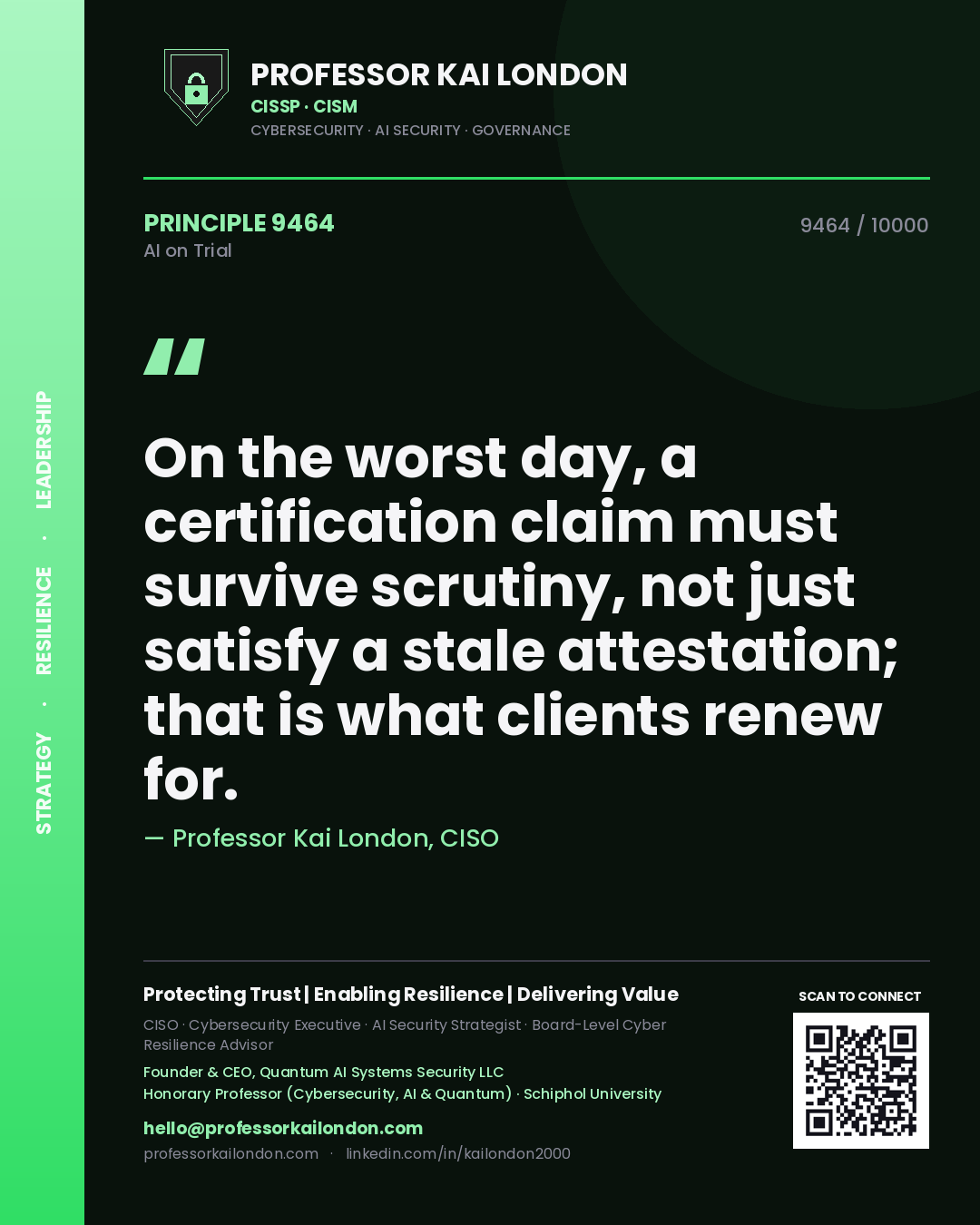 Quote card by Professor Kai London reading 'On the worst day, a certification claim must survive scrutiny, not just satisfy a stale attestation; that is what clients renew for.'. From the book AI on Trial.