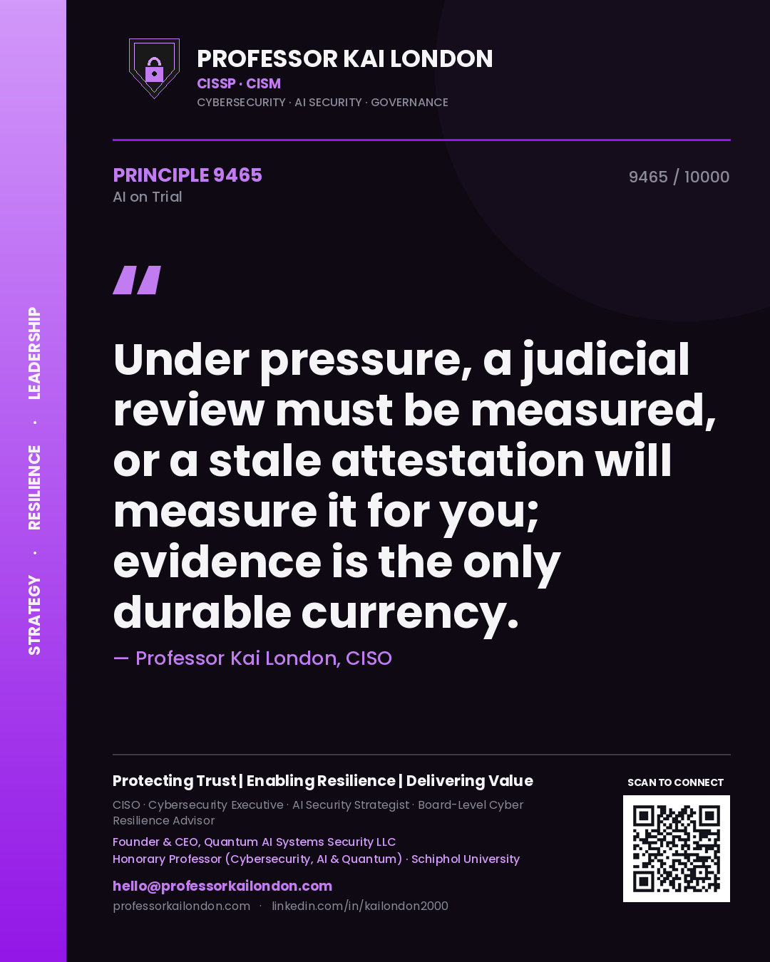Quote card by Professor Kai London reading 'Under pressure, a judicial review must be measured, or a stale attestation will measure it for you; evidence is the only durable currency.'. From the book AI on Trial.