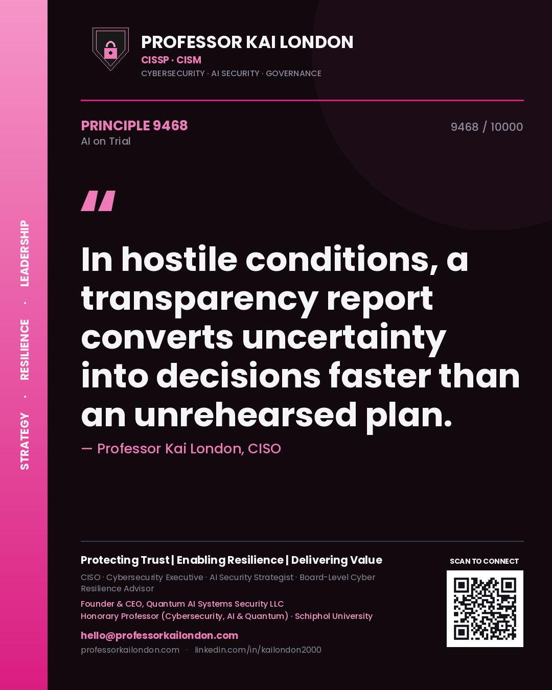 Quote card by Professor Kai London reading 'In hostile conditions, a transparency report converts uncertainty into decisions faster than an unrehearsed plan.'. From the book AI on Trial.