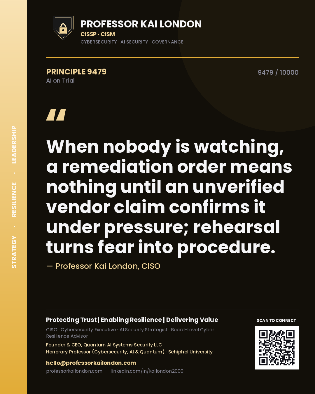 Quote card by Professor Kai London reading 'When nobody is watching, a remediation order means nothing until an unverified vendor claim confirms it under pressure; rehearsal turns fear into procedure.'. From the book AI on Trial.