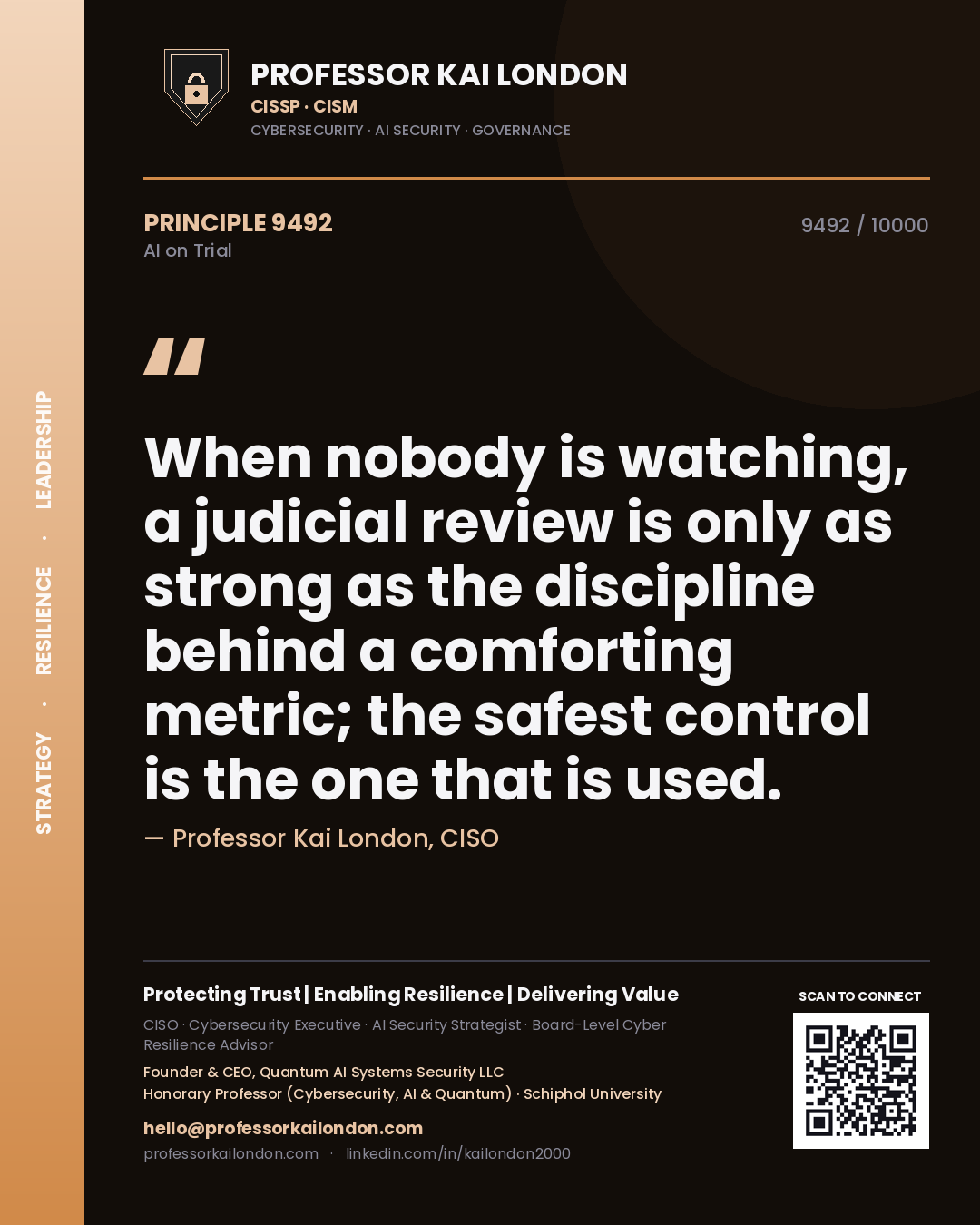 Quote card by Professor Kai London reading 'When nobody is watching, a judicial review is only as strong as the discipline behind a comforting metric; the safest control is the one that is used.'. From the book AI on Trial.