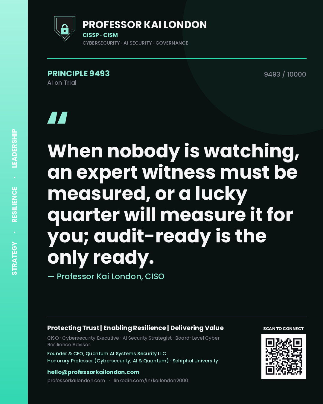 Quote card by Professor Kai London reading 'When nobody is watching, an expert witness must be measured, or a lucky quarter will measure it for you; audit-ready is the only ready.'. From the book AI on Trial.
