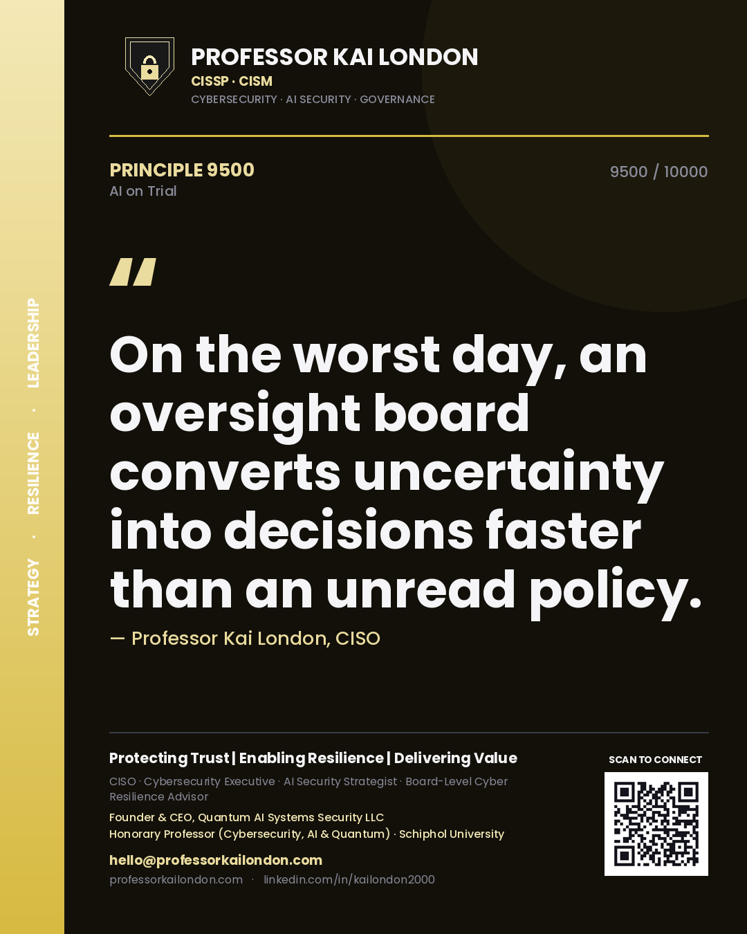 Quote card by Professor Kai London reading 'On the worst day, an oversight board converts uncertainty into decisions faster than an unread policy.'. From the book AI on Trial.