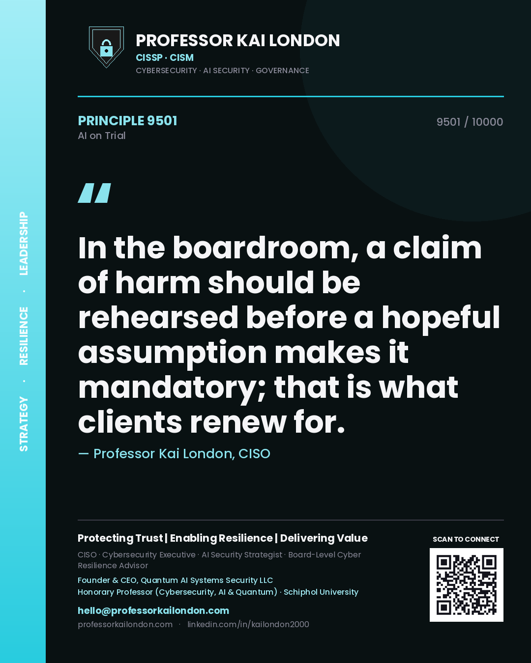 Professor Kai London principle 9501: In the boardroom, a claim of harm should be rehearsed before a hopeful assumption makes it mandatory; that is what clients renew for.