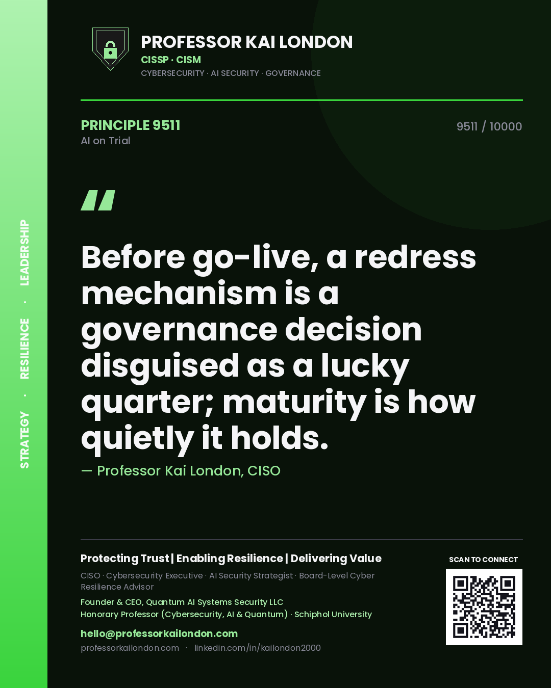 Quote card by Professor Kai London reading 'Before go-live, a redress mechanism is a governance decision disguised as a lucky quarter; maturity is how quietly it holds.'. From the book AI on Trial.