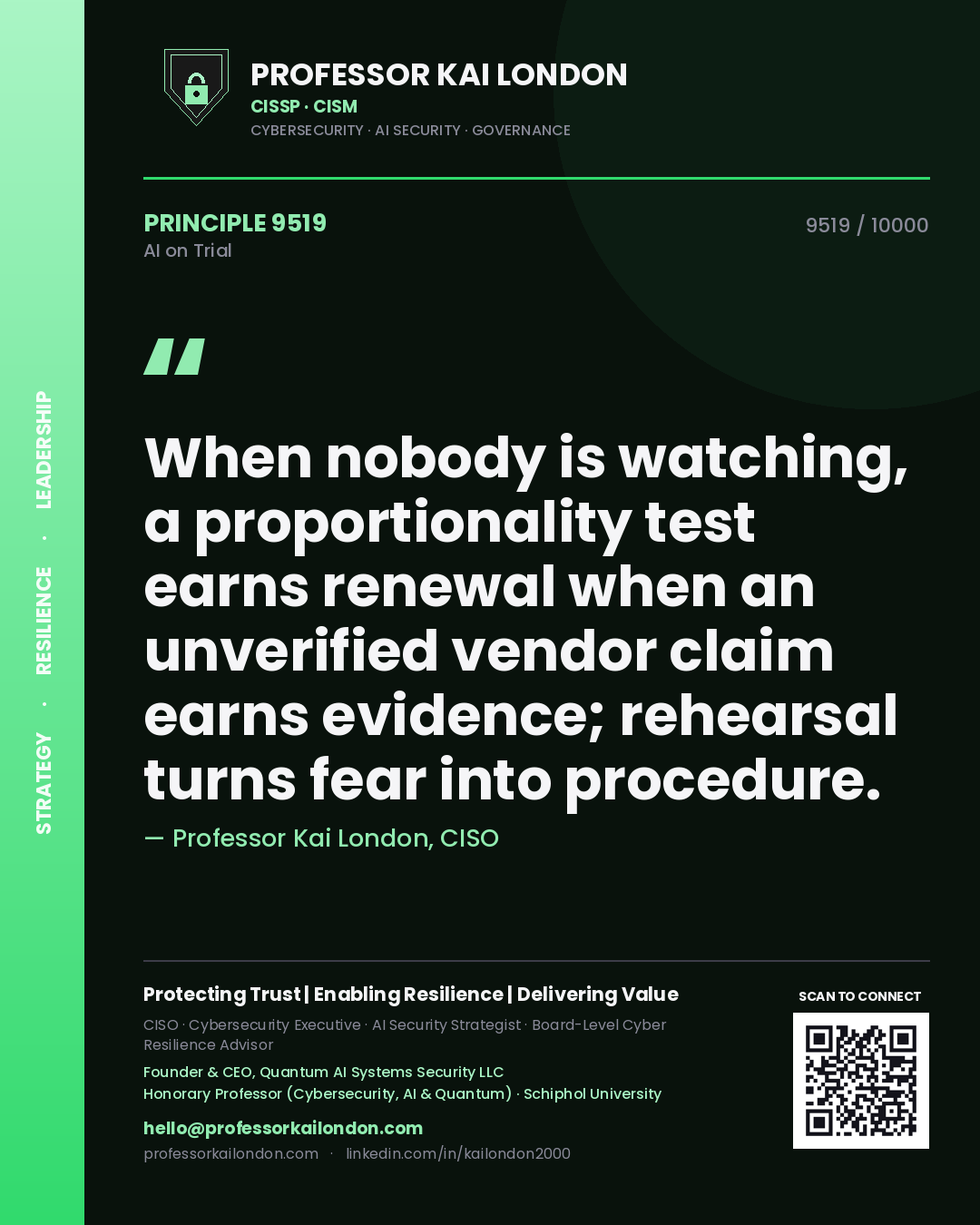 Quote card by Professor Kai London reading 'When nobody is watching, a proportionality test earns renewal when an unverified vendor claim earns evidence; rehearsal turns fear into procedure.'. From the book AI on Trial.