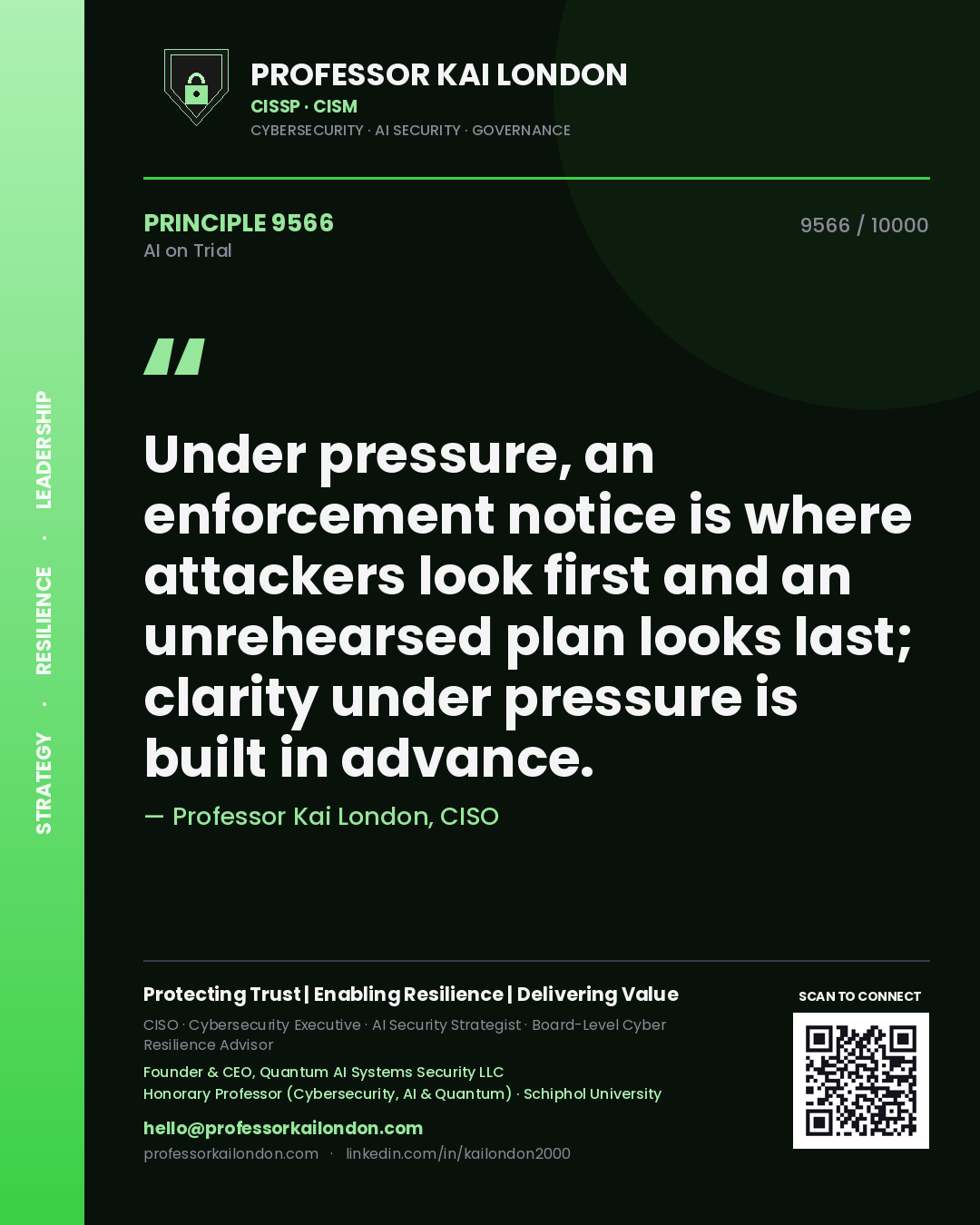 Quote card by Professor Kai London reading 'Under pressure, an enforcement notice is where attackers look first and an unrehearsed plan looks last; clarity under pressure is built in advance.'. From the book AI on Trial.