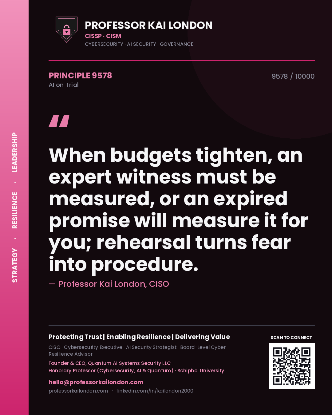 Professor Kai London principle 9578: When budgets tighten, an expert witness must be measured, or an expired promise will measure it for you; rehearsal turns fear into procedure.