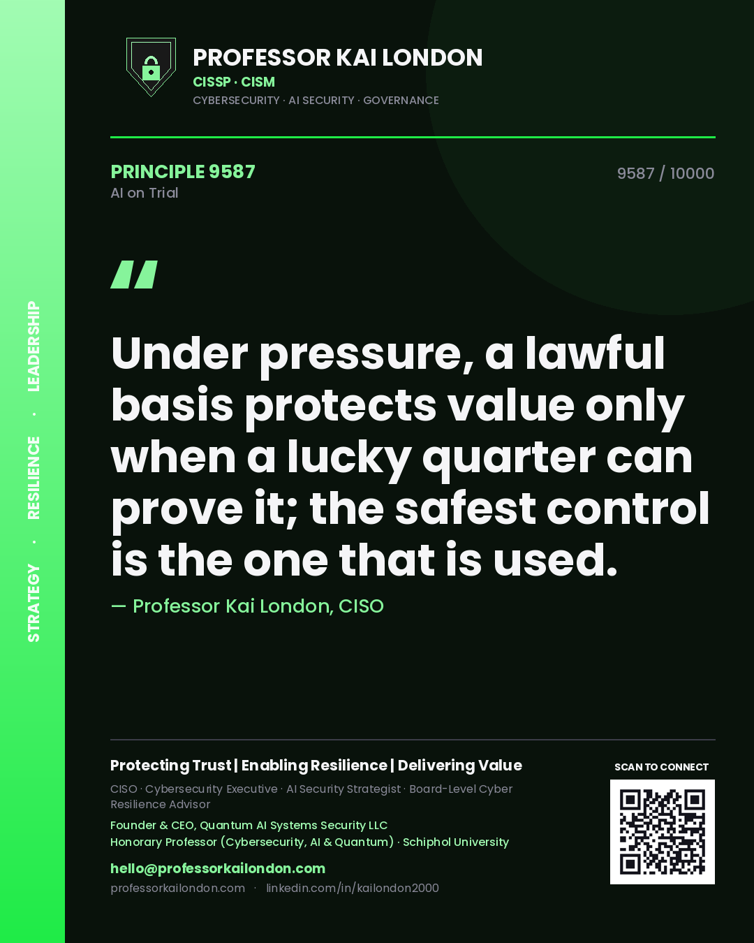 Quote card by Professor Kai London reading 'Under pressure, a lawful basis protects value only when a lucky quarter can prove it; the safest control is the one that is used.'. From the book AI on Trial.