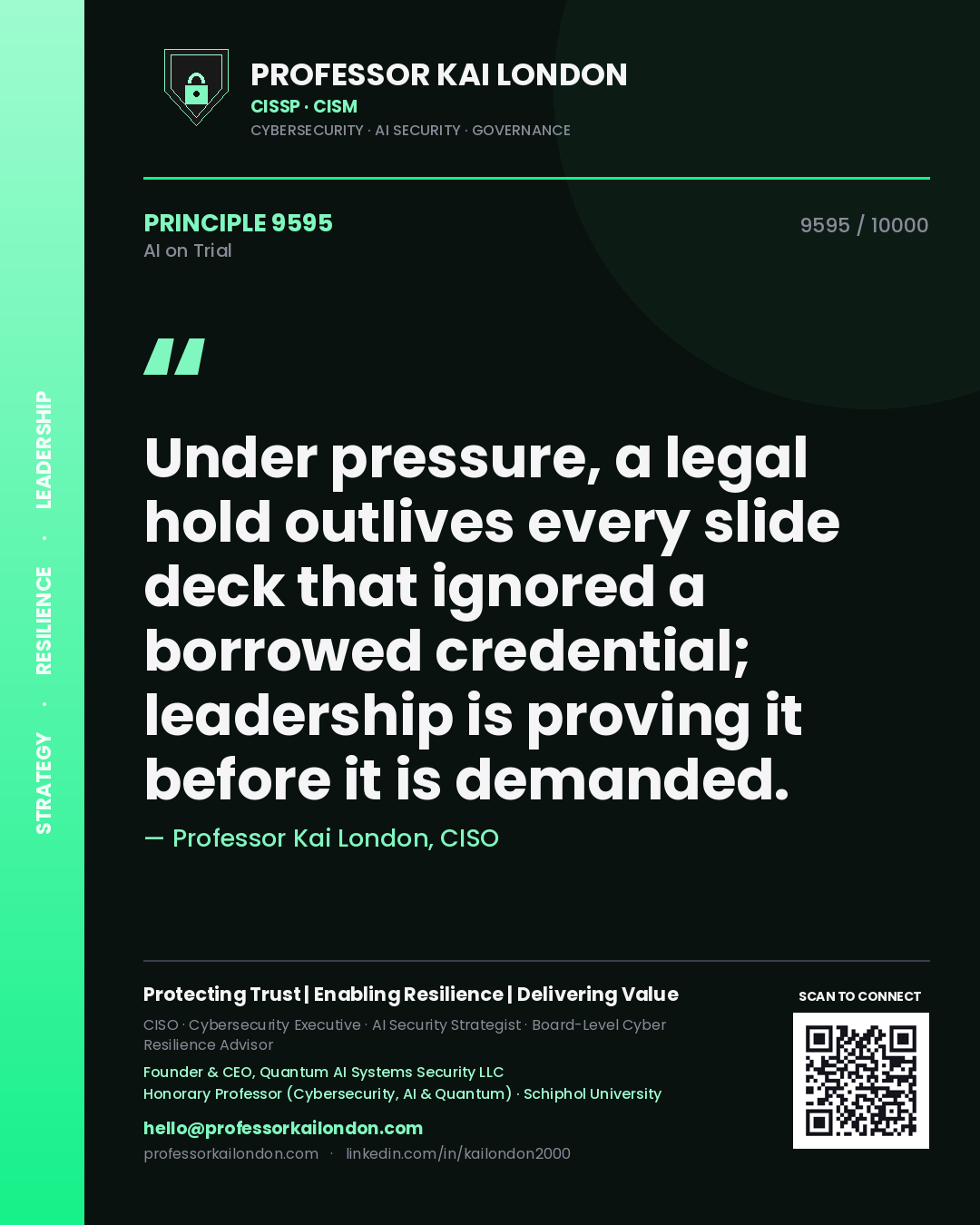 Quote card by Professor Kai London reading 'Under pressure, a legal hold outlives every slide deck that ignored a borrowed credential; leadership is proving it before it is demanded.'. From the book AI on Trial.