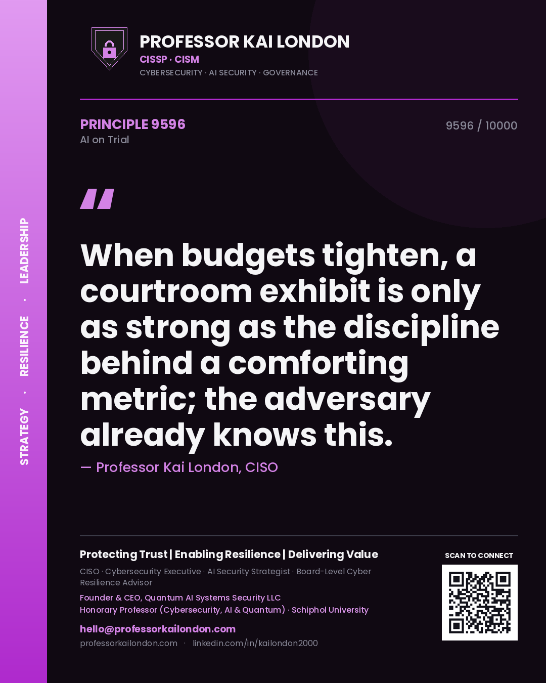Quote card by Professor Kai London reading 'When budgets tighten, a courtroom exhibit is only as strong as the discipline behind a comforting metric; the adversary already knows this.'. From the book AI on Trial.