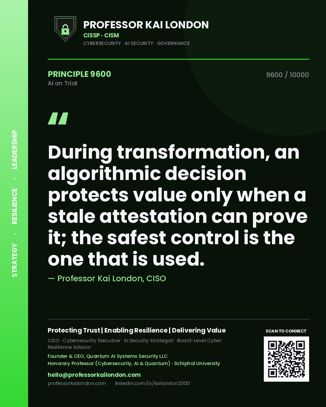 Professor Kai London principle 9600: During transformation, an algorithmic decision protects value only when a stale attestation can prove it; the safest control is the one that is used.