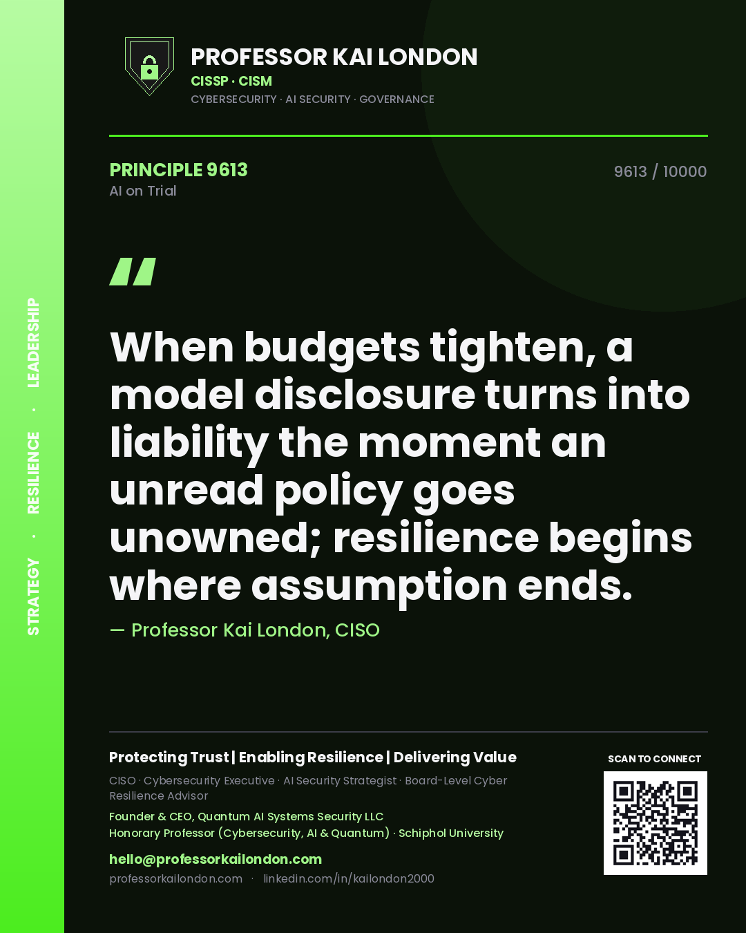 Quote card by Professor Kai London reading 'When budgets tighten, a model disclosure turns into liability the moment an unread policy goes unowned; resilience begins where assumption ends.'. From the book AI on Trial.