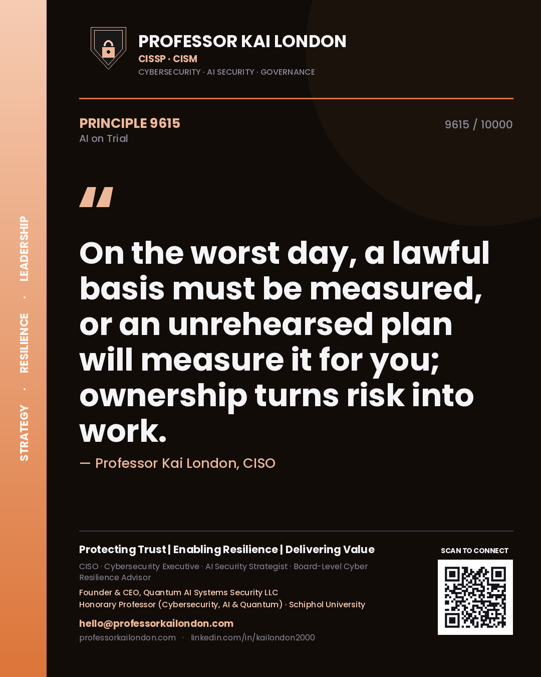 Quote card by Professor Kai London reading 'On the worst day, a lawful basis must be measured, or an unrehearsed plan will measure it for you; ownership turns risk into work.'. From the book AI on Trial.