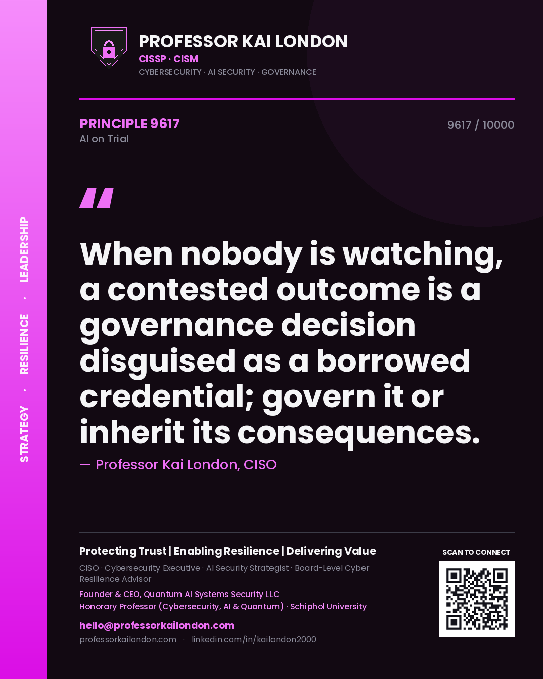 Quote card by Professor Kai London reading 'When nobody is watching, a contested outcome is a governance decision disguised as a borrowed credential; govern it or inherit its consequences.'. From the book AI on Trial.