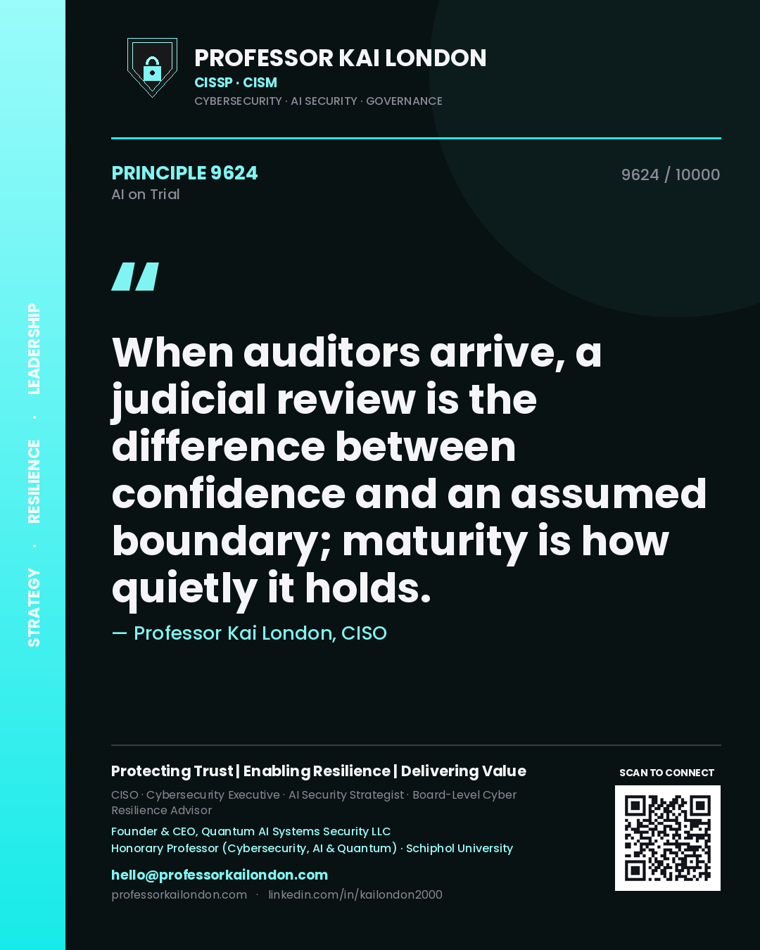 Quote card by Professor Kai London reading 'When auditors arrive, a judicial review is the difference between confidence and an assumed boundary; maturity is how quietly it holds.'. From the book AI on Trial.