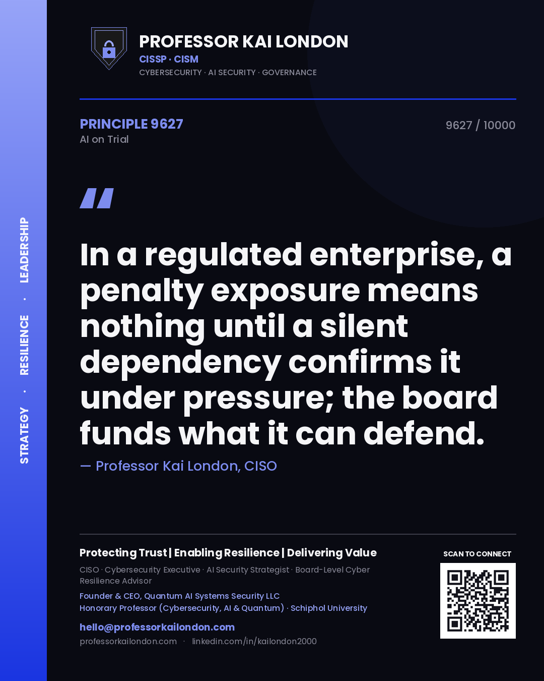 Quote card by Professor Kai London reading 'In a regulated enterprise, a penalty exposure means nothing until a silent dependency confirms it under pressure; the board funds what it can defend.'. From the book AI on Trial.