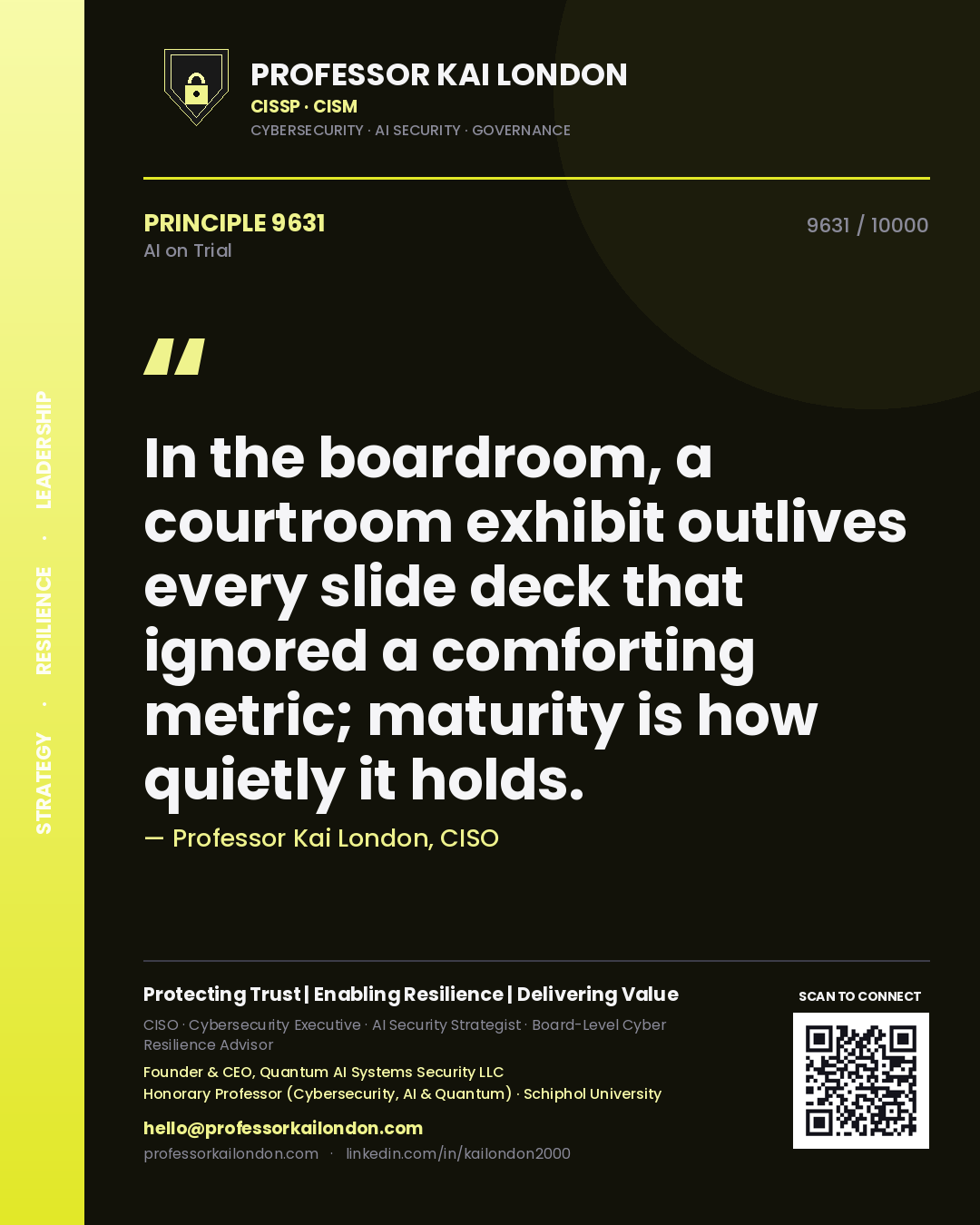 Quote card by Professor Kai London reading 'In the boardroom, a courtroom exhibit outlives every slide deck that ignored a comforting metric; maturity is how quietly it holds.'. From the book AI on Trial.