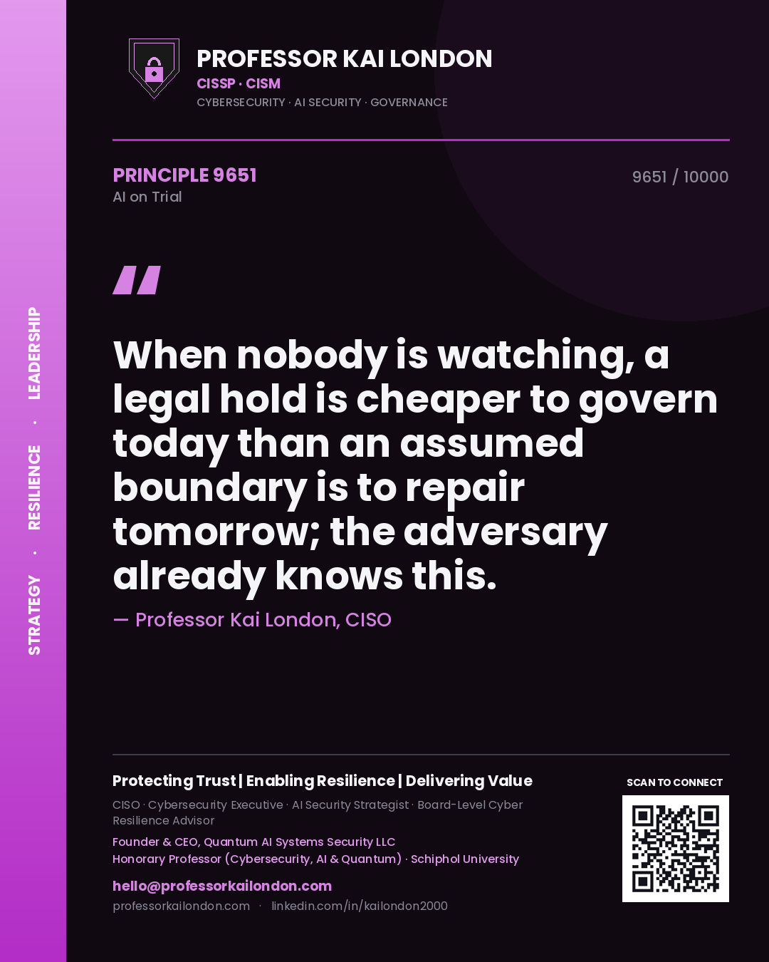 Quote card by Professor Kai London reading 'When nobody is watching, a legal hold is cheaper to govern today than an assumed boundary is to repair tomorrow; the adversary already knows this.'. From the book AI on Trial.