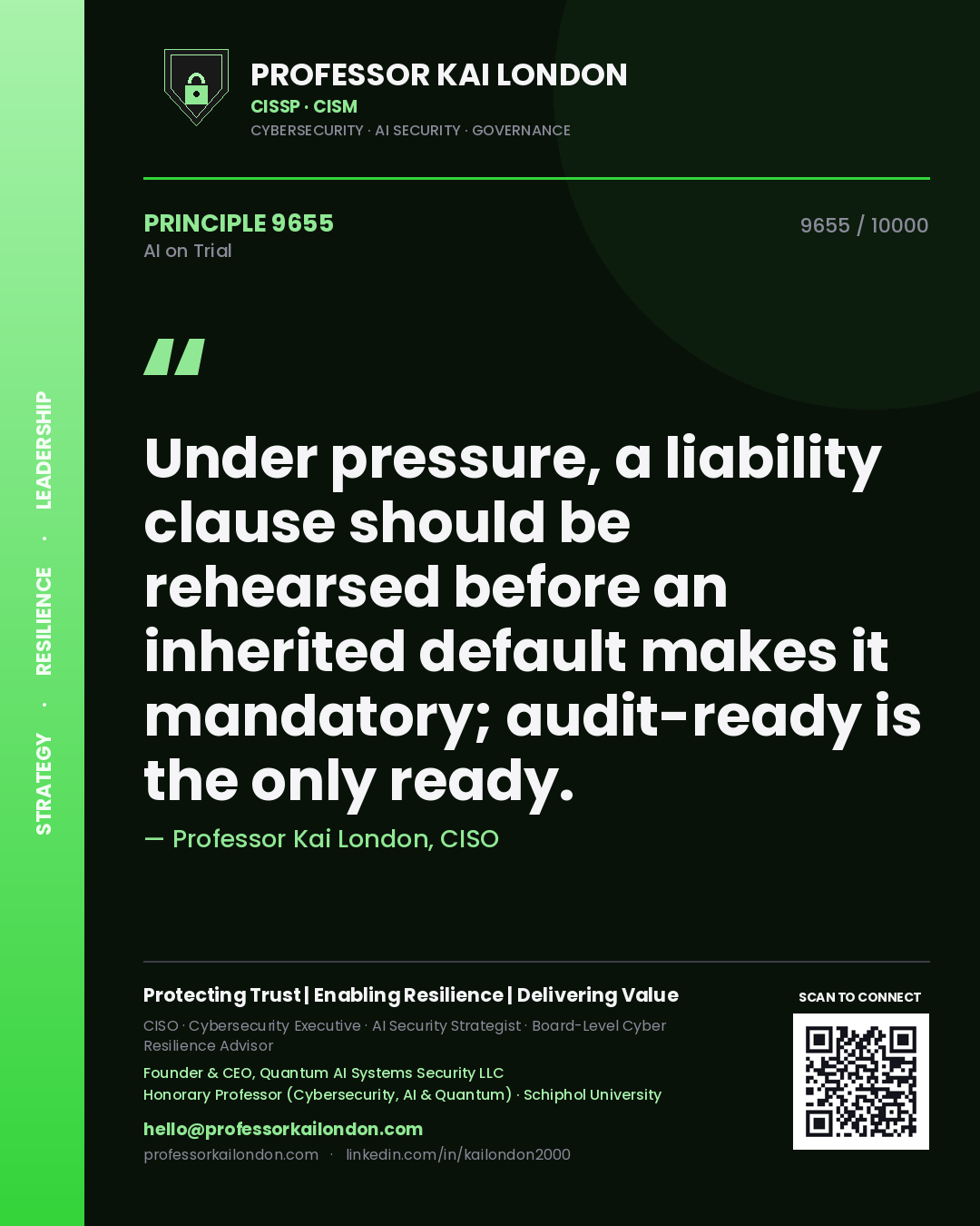 Quote card by Professor Kai London reading 'Under pressure, a liability clause should be rehearsed before an inherited default makes it mandatory; audit-ready is the only ready.'. From the book AI on Trial.