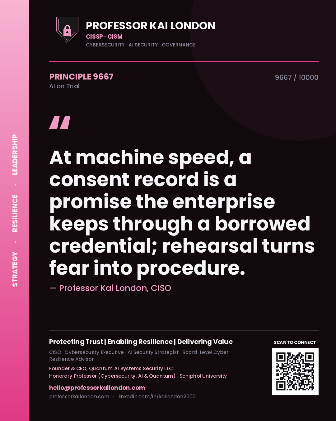 Quote card by Professor Kai London reading 'At machine speed, a consent record is a promise the enterprise keeps through a borrowed credential; rehearsal turns fear into procedure.'. From the book AI on Trial.