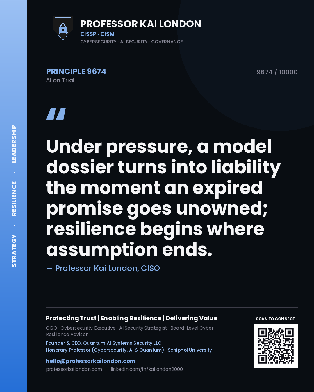 Quote card by Professor Kai London reading 'Under pressure, a model dossier turns into liability the moment an expired promise goes unowned; resilience begins where assumption ends.'. From the book AI on Trial.