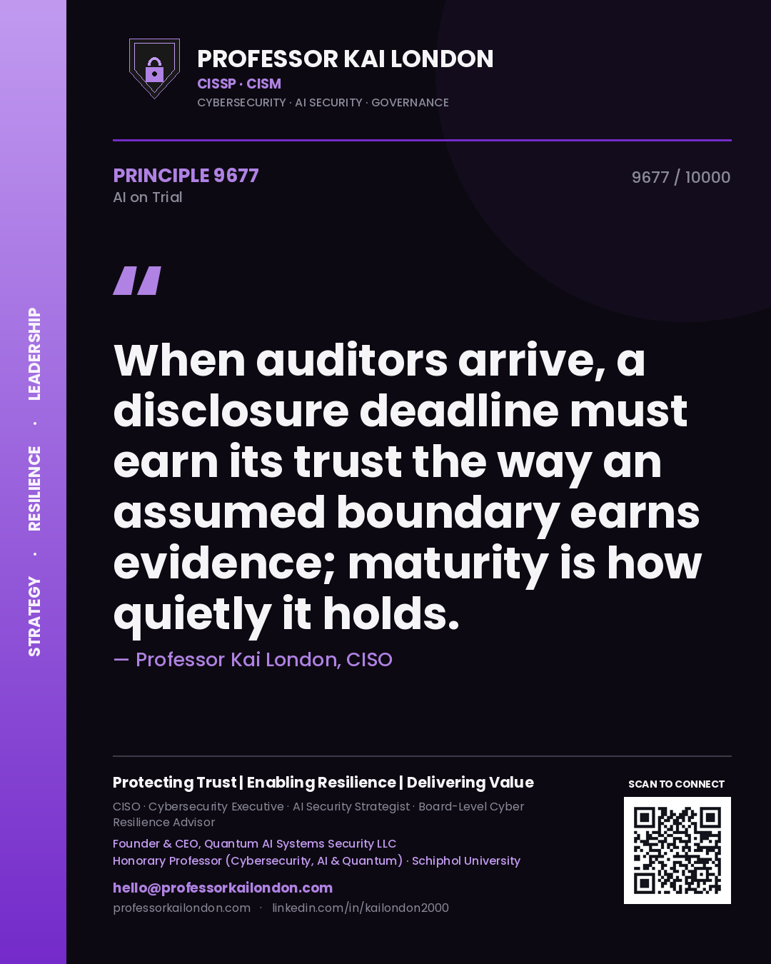 Quote card by Professor Kai London reading 'When auditors arrive, a disclosure deadline must earn its trust the way an assumed boundary earns evidence; maturity is how quietly it holds.'. From the book AI on Trial.