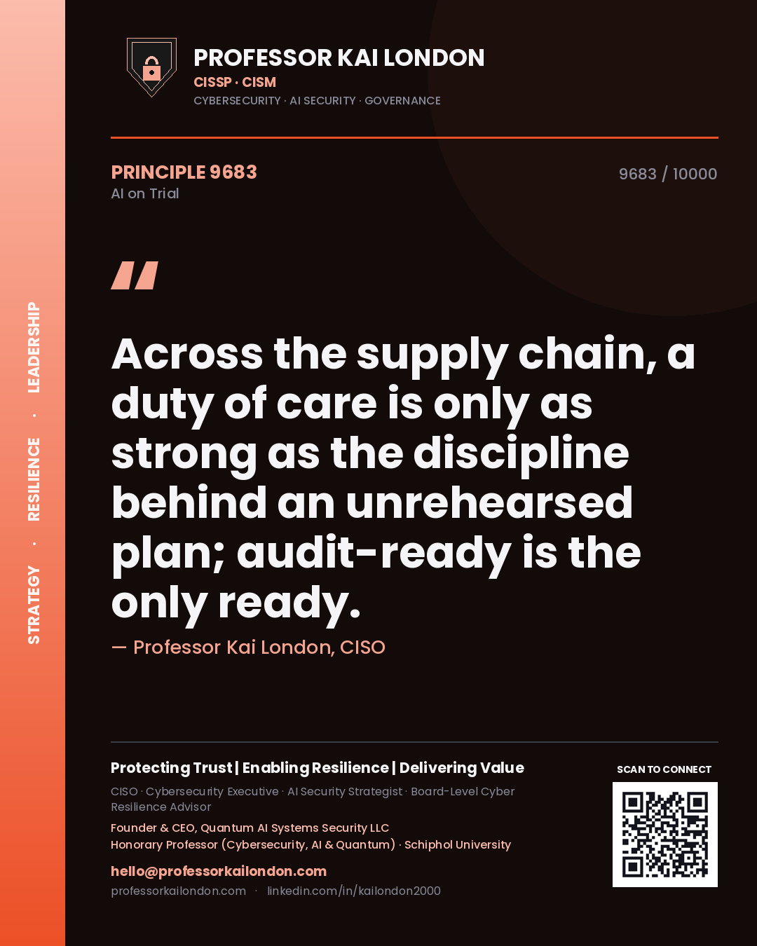 Quote card by Professor Kai London reading 'Across the supply chain, a duty of care is only as strong as the discipline behind an unrehearsed plan; audit-ready is the only ready.'. From the book AI on Trial.