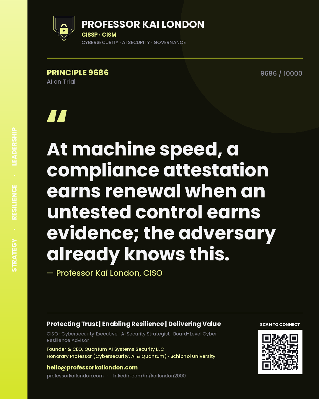 Quote card by Professor Kai London reading 'At machine speed, a compliance attestation earns renewal when an untested control earns evidence; the adversary already knows this.'. From the book AI on Trial.