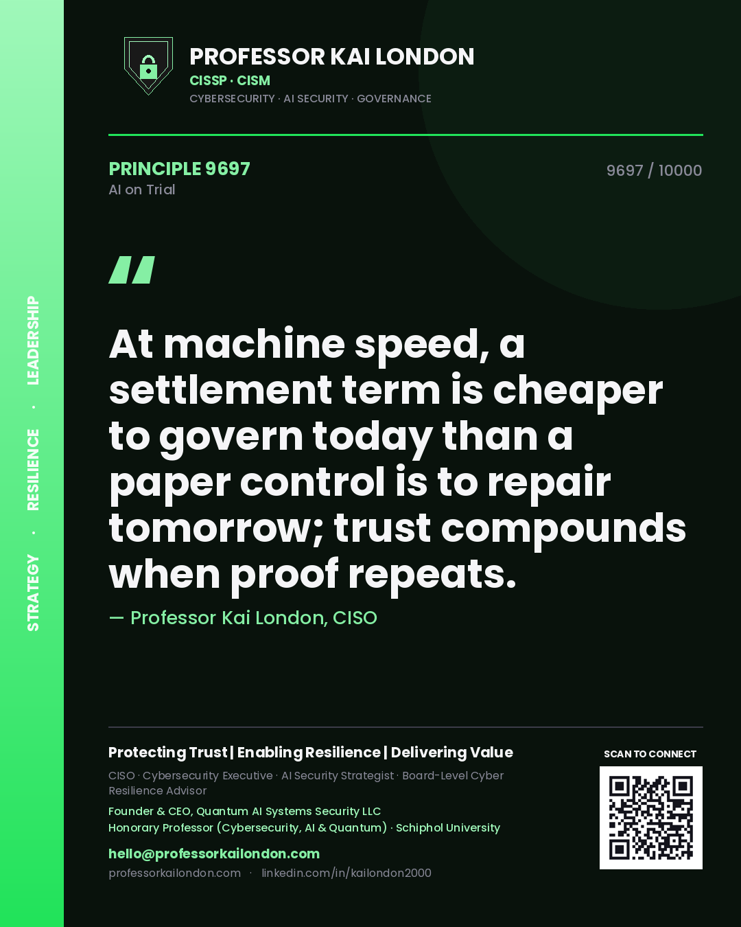 Quote card by Professor Kai London reading 'At machine speed, a settlement term is cheaper to govern today than a paper control is to repair tomorrow; trust compounds when proof repeats.'. From the book AI on Trial.