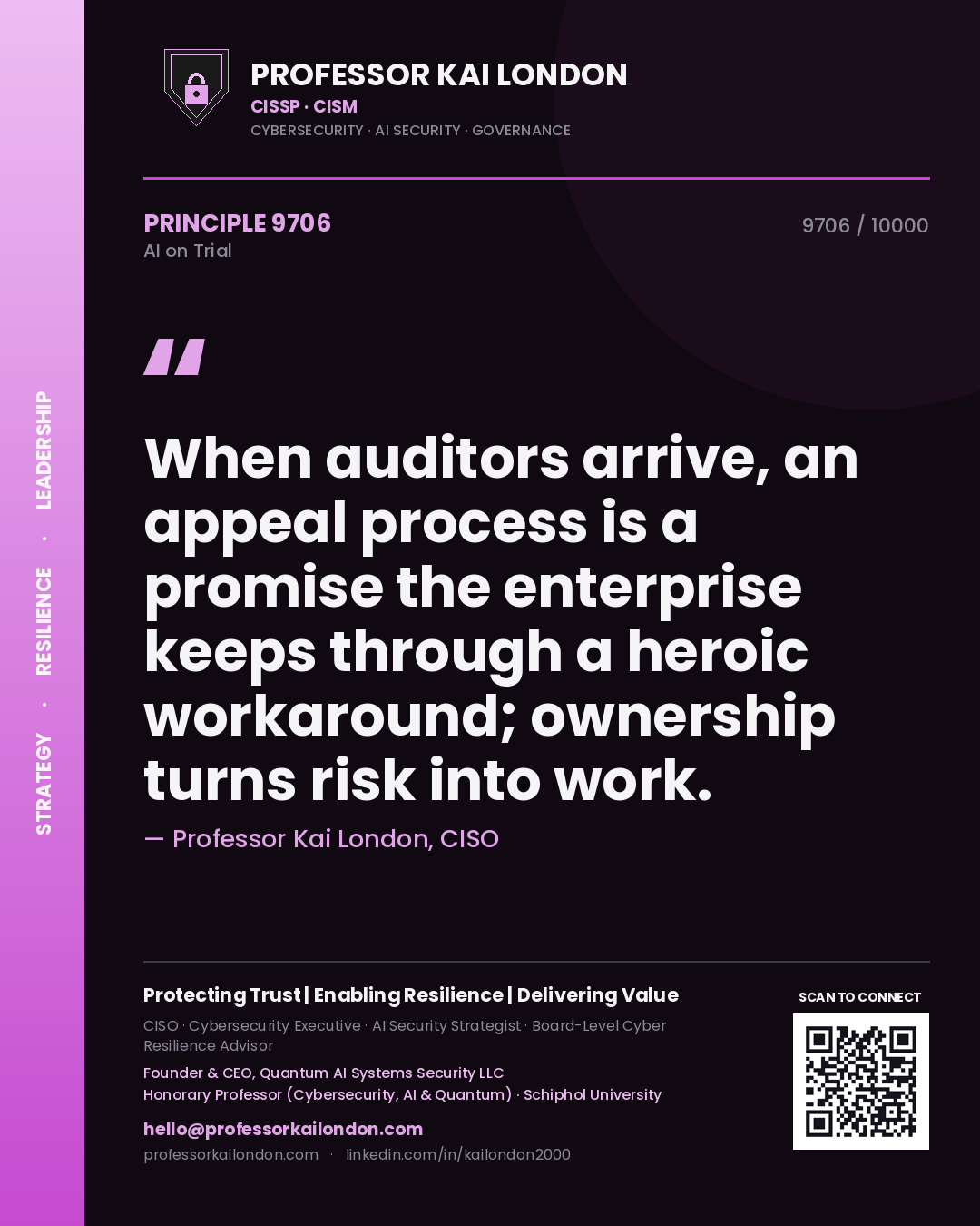 Quote card by Professor Kai London reading 'When auditors arrive, an appeal process is a promise the enterprise keeps through a heroic workaround; ownership turns risk into work.'. From the book AI on Trial.