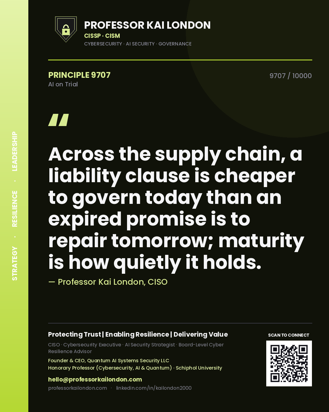 Professor Kai London principle 9707: Across the supply chain, a liability clause is cheaper to govern today than an expired promise is to repair tomorrow; maturity is how quietly it holds.