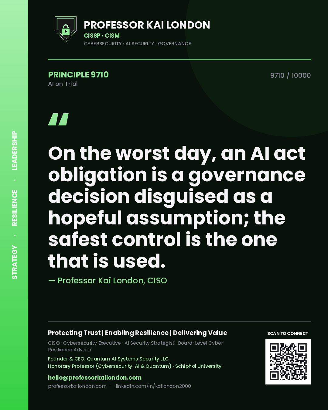 Quote card by Professor Kai London reading 'On the worst day, an AI act obligation is a governance decision disguised as a hopeful assumption; the safest control is the one that is used.'. From the book AI on Trial.
