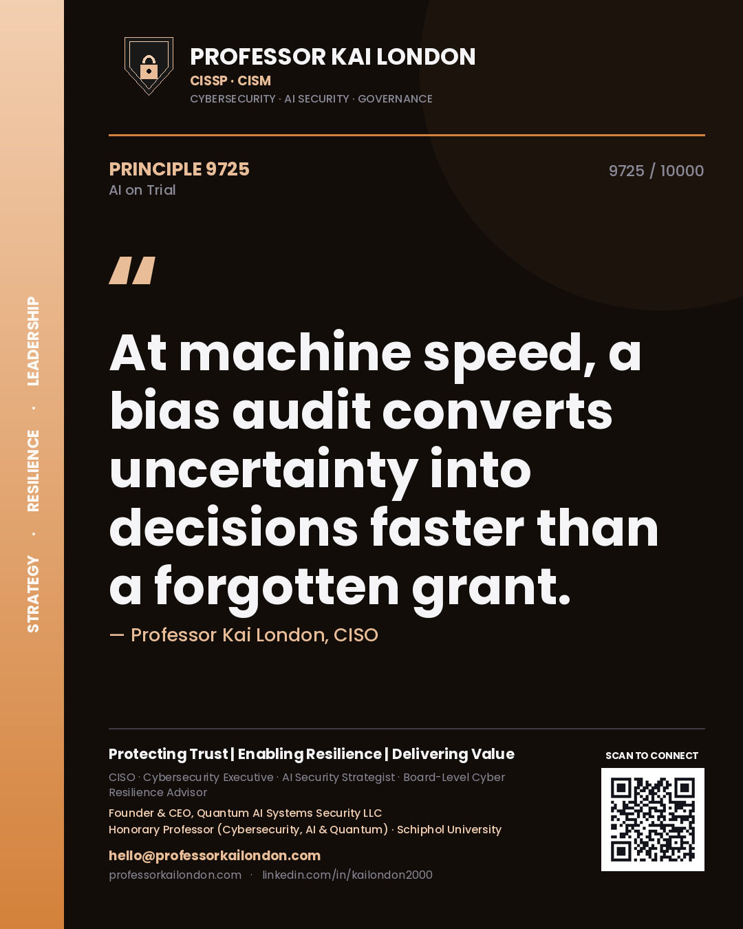 Quote card by Professor Kai London reading 'At machine speed, a bias audit converts uncertainty into decisions faster than a forgotten grant.'. From the book AI on Trial.