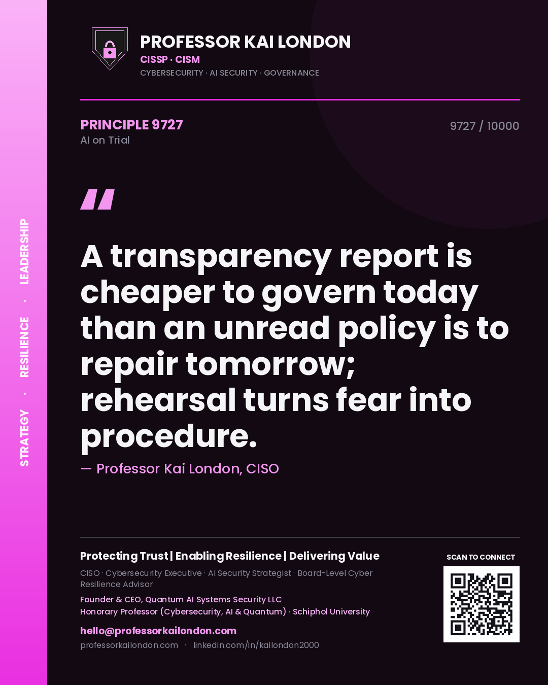 Quote card by Professor Kai London reading 'A transparency report is cheaper to govern today than an unread policy is to repair tomorrow; rehearsal turns fear into procedure.'. From the book AI on Trial.